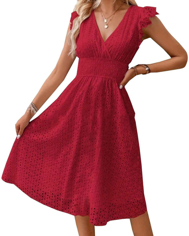 Elegant Ruffle Sleeve V-Neck Dress with Tiered Hem - Navy Blue, Knee-Length, Perfect for Spring & Summer, Women'S Fashion, Casual Elegance | Tiered Hem Dress | Ruffle Sleeve Dress