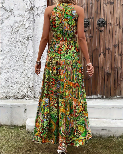 Elegant Bohemian Maxi Dress with Lace-Up Detail - High-Waisted, Sleeveless, Floral Print, Light Brown and Blue, Perfect for Adult Women, All-Season Versatile, Adult Women'S Dress|Floral Print Dress|Laceup Detail - SeviSa