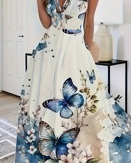 Women's Floral & Butterfly Print V-Neck Sleeveless Dress - Fitted Top & Flowy Skirt, Breathable All-Season Casual Outdoor Dress, Machine Washable, Seasonal Fashion, Sophisticated Casual, Comfortable Fit - SeviSa