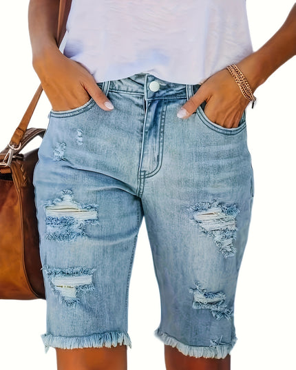Women's 2025 Summer New Stretch Tummy Control Raw Hem Ripped Jean Shorts, Retro Light Blue Washed Slim Fit Mid-Length Fringe High Waist Denim Pants with Pockets, 90s Ladies' Clothing, Comfort Street Style Casual Pants Fit for - SeviSa