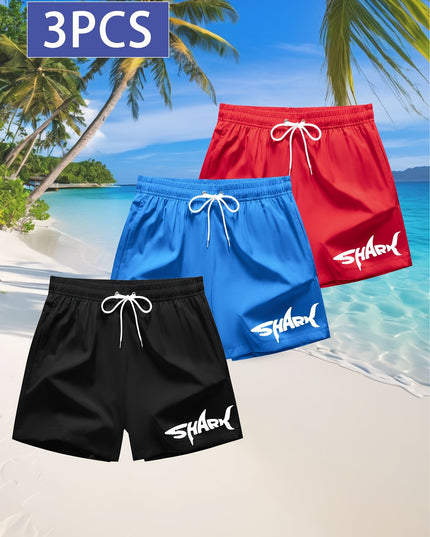 3pcs Men's Swim Trunks - Quick-Dry Beach Shorts with Adjustable Drawstring Waist, Shark Graphic Prints in Red, Black, Light Blue - Lightweight Swimwear for Surfing, Pool, Vacation - Non-Stretch Fabric for Board Sports Stabili - SeviSa
