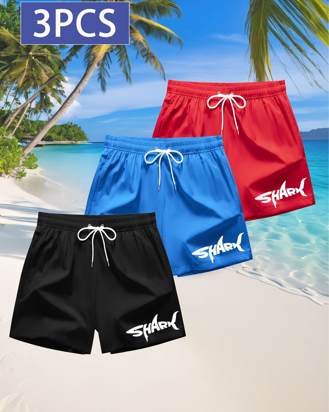 3pcs Men's Swim Trunks - Quick-Dry Beach Shorts with Adjustable Drawstring Waist, Shark Graphic Prints in Red, Black, Light Blue - Lightweight Swimwear for Surfing, Pool, Vacation - Non-Stretch Fabric for Board Sports Stabili - SeviSa