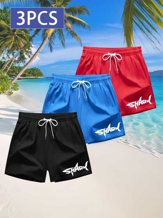 3pcs Men's Swim Trunks - Quick-Dry Beach Shorts with Adjustable Drawstring Waist, Shark Graphic Prints in Red, Black, Light Blue - Lightweight Swimwear for Surfing, Pool, Vacation - Non-Stretch Fabric for Board Sports Stabili - SeviSa