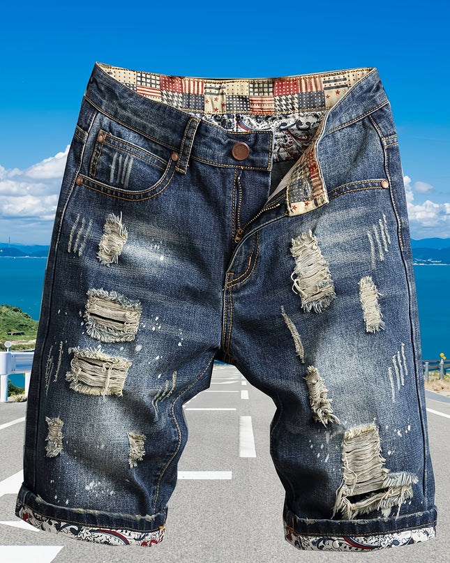Men'S Plus Size Slim Fit Denim Shorts - Casual Ripped Jeans Style, Stretch Fabric, Solid Color, Mid-Rise, Ankle-Length with Button Closure, Summer Essential, Relaxed Fit Shorts | Distressed Denim Shorts | Comfortable Denim Sh - SeviSa