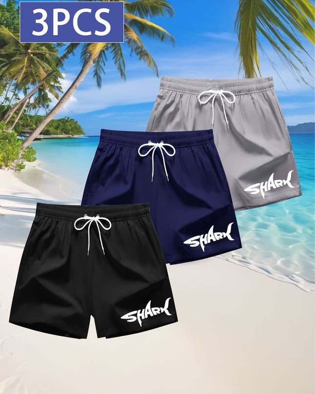 3pcs Men's Swim Trunks - Quick-Dry Beach Shorts with Adjustable Drawstring Waist, Shark Graphic Prints in Red, Black, Light Blue - Lightweight Swimwear for Surfing, Pool, Vacation - Non-Stretch Fabric for Board Sports Stabili - SeviSa