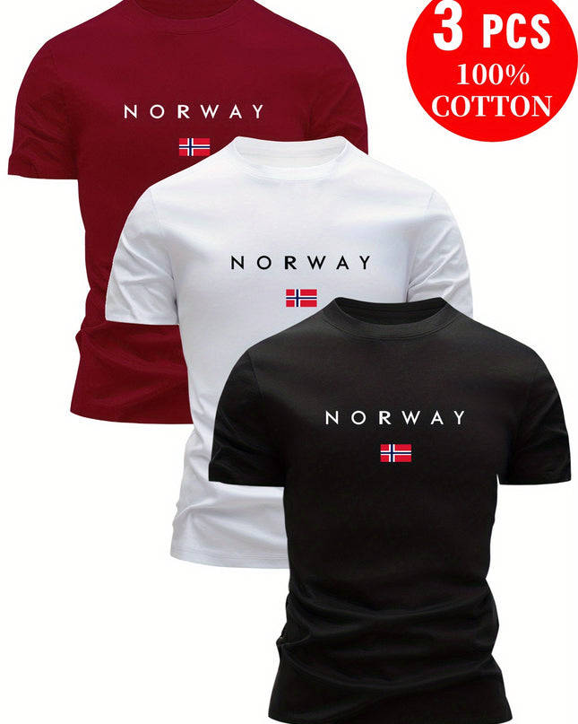 3pcs Men'S 100% Cotton Slim Fit T-Shirts - Breathable Sweat Absorbent Summer Casual Tees with "NORWAY" Graphic Print, Round Neck Short Sleeve for Outdoor & Casual Attire, Comfortable Clothing, Simple Solid Color Design, Breat - SeviSa