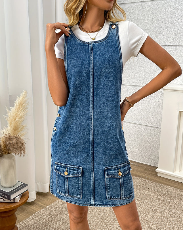 Morin Women's Elegant Denim Overalls Dress - Sleeveless A-Line Mini Skirt with Front Pockets, Button Closure, and Adjustable Straps, Light Blue Cotton for Spring/Summer/Fall - SeviSa