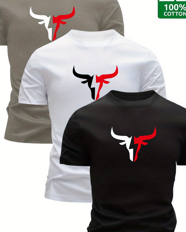 3pcs Men's 100% Cotton Graphic T-Shirts - Bold Bull Head & Letter Print, Slim Fit Short Sleeve Round Neck Tees for Summer Casual Wear, Breathable & Machine Washable, Everyday Comfort | Durable Fabric - SeviSa