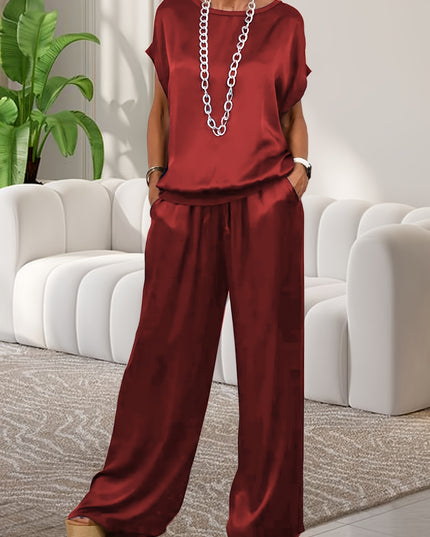 Women'S Elegant Lavender Polyester Pajama Set - Short Sleeve, Round Neck, Wide Leg Pants with Pockets, Perfect for Spring/Summer Home Wear, Relaxed Fit Pajamas|Elegant Pajama Set|Polyester Fabric