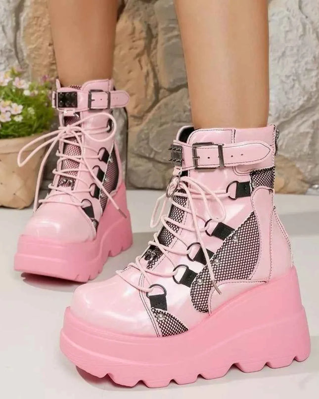 Lace Up Round Toe Wedge Boots