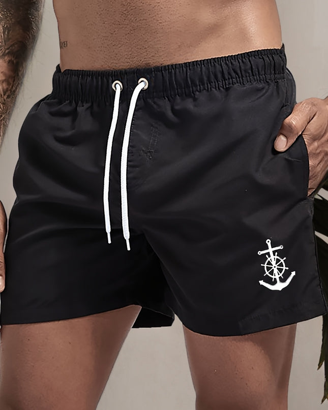Men's Quick-Dry Swim Shorts - Navy Blue Board Shorts with Anchor design, Elastic Drawstring Waist - Lightweight Beach Swim Trunks for Surfing, Swimming, Gym, Vacation - Fast-Drying Quick Suit for Ocean & Pool Activities, Swim - SeviSa