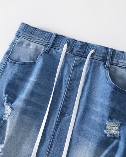 Women'S Bodycon Denim Short Skirt, Casual Ripped Distressed Design, Medium Stretch, Drawstring Waist, Solid Color, Woven Fabric, 320g/m² Lining Weight, for Spring/Summer/Fall - SeviSa