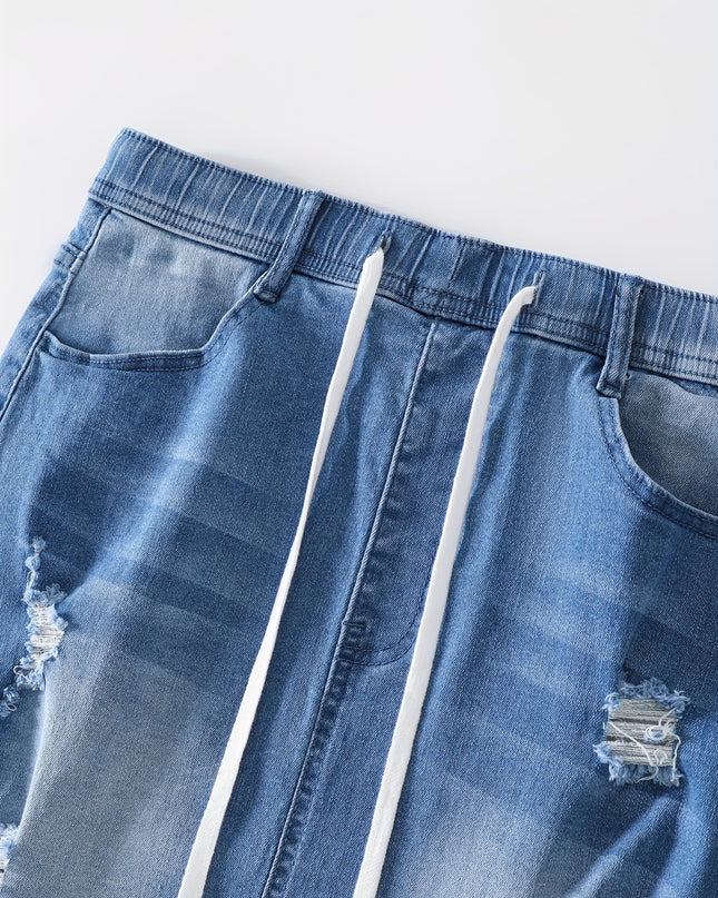 Women'S Bodycon Denim Short Skirt, Casual Ripped Distressed Design, Medium Stretch, Drawstring Waist, Solid Color, Woven Fabric, 320g/m² Lining Weight, for Spring/Summer/Fall - SeviSa