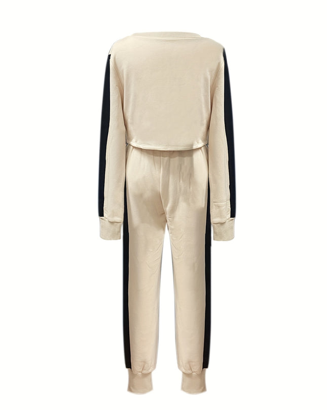1set Elegant Women'S Polyester Knit Fabric Patchwork Outfit - One Shoulder V-Neck Long Sleeve Top with Irregular Design and Drawstring Pants with Pockets - All-Season Casual Wear