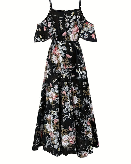 Elegant Floral Print V-Neck Maxi Dress with Tie-Waist and Ruffle Detail - Sleeveless, Flowy A-Line Skirt for Women, Perfect for Summer, Elegant Event Wear|Floral Print Dress|Polyester Fabric - SeviSa