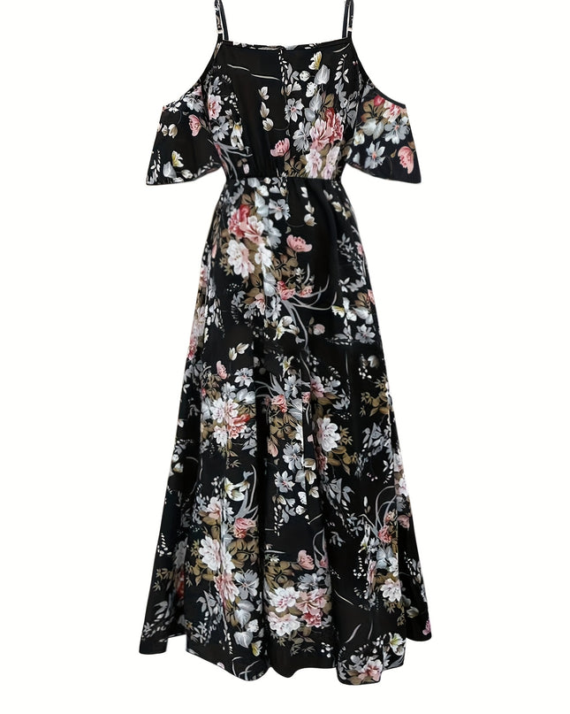 Elegant Floral Print V-Neck Maxi Dress with Tie-Waist and Ruffle Detail - Sleeveless, Flowy A-Line Skirt for Women, Perfect for Summer, Elegant Event Wear|Floral Print Dress|Polyester Fabric - SeviSa
