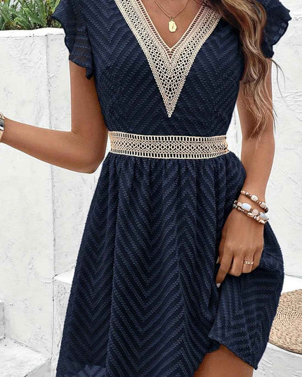 Elegant French Lace V-Neck A-Line Dress for Women - Chic Summer Sleeveless Dress with Contrast Lace Detailing, Lightweight Polyester Blend, Perfect for Casual or Formal Occasions, Lace Dress