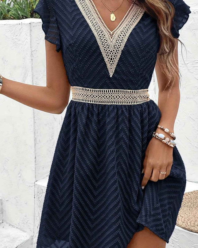 Elegant French Lace V-Neck A-Line Dress for Women - Chic Summer Sleeveless Dress with Contrast Lace Detailing, Lightweight Polyester Blend, Perfect for Casual or Formal Occasions, Lace Dress