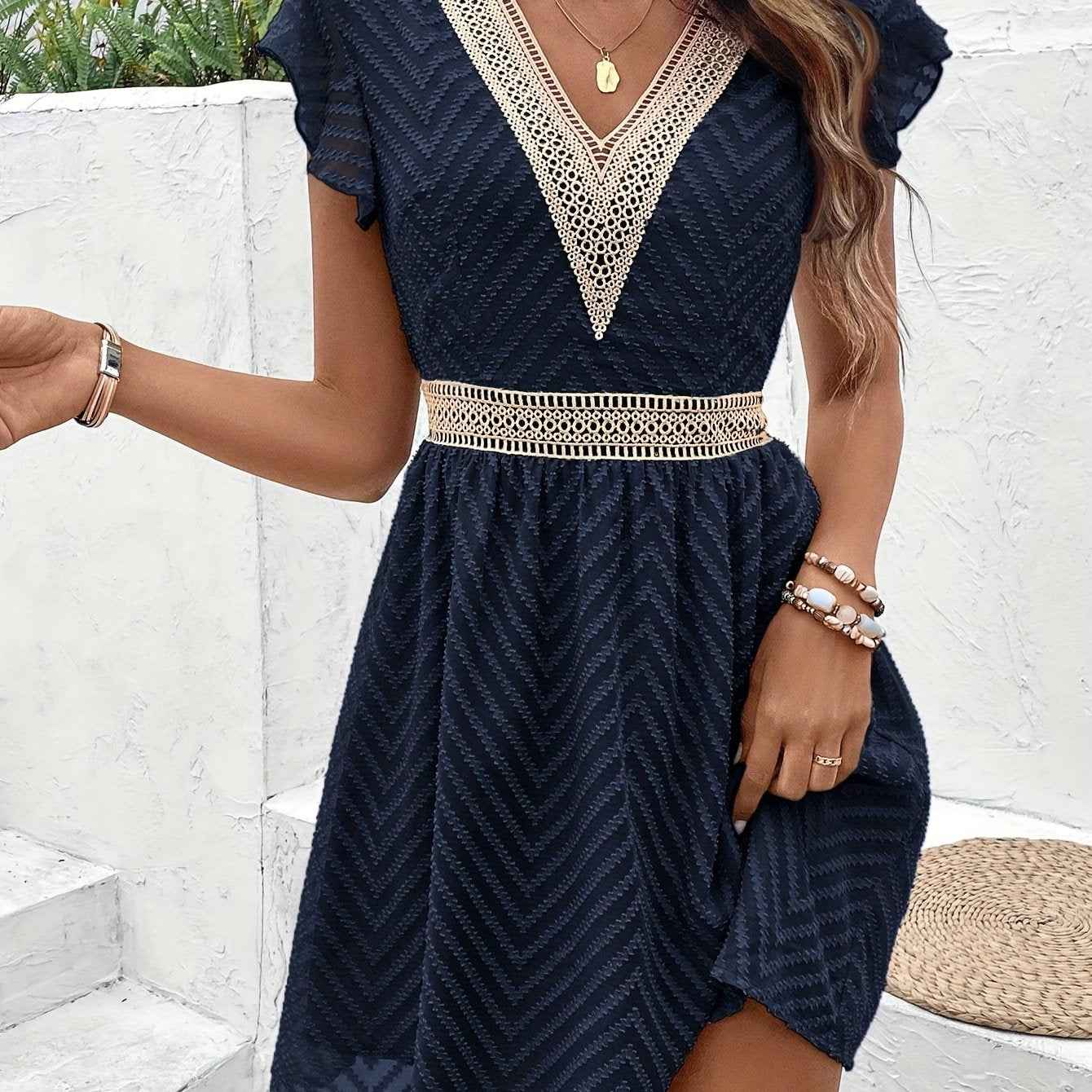 Elegant French Lace V-Neck A-Line Dress for Women - Chic Summer Sleeveless Dress with Contrast Lace Detailing, Lightweight Polyester Blend, Perfect for Casual or Formal Occasions, Lace Dress
