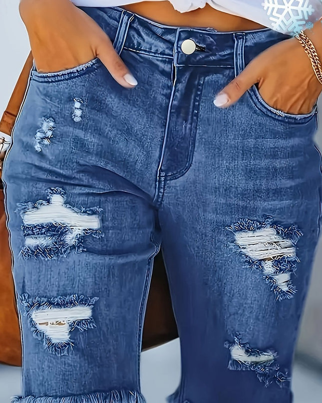 Women's 2025 Summer New Stretch Tummy Control Raw Hem Ripped Jean Shorts, Retro Light Blue Washed Slim Fit Mid-Length Fringe High Waist Denim Pants with Pockets, 90s Ladies' Clothing, Comfort Street Style Casual Pants Fit for - SeviSa