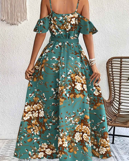 Elegant Floral Print V-Neck Maxi Dress with Tie-Waist and Ruffle Detail - Sleeveless, Flowy A-Line Skirt for Women, Perfect for Summer, Elegant Event Wear|Floral Print Dress|Polyester Fabric