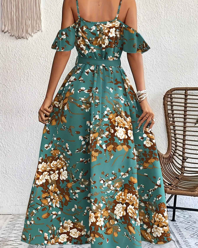 Elegant Floral Print V-Neck Maxi Dress with Tie-Waist and Ruffle Detail - Sleeveless, Flowy A-Line Skirt for Women, Perfect for Summer, Elegant Event Wear|Floral Print Dress|Polyester Fabric