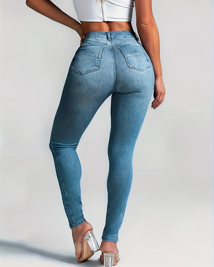 Women's Sexy High-Waisted Skinny Jeans, Stretch Denim, Plain Casual Fashion Pants, Light Blue For Fall - SeviSa