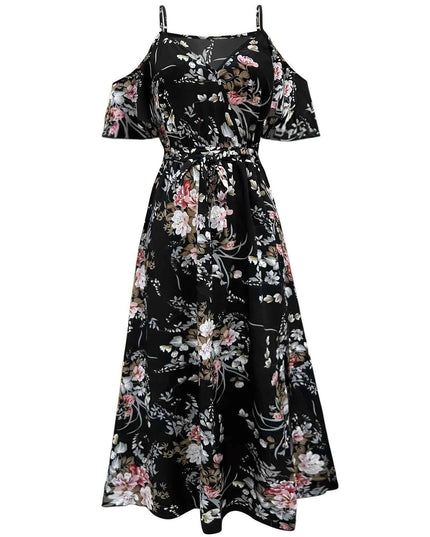 Elegant Floral Print V-Neck Maxi Dress with Tie-Waist and Ruffle Detail - Sleeveless, Flowy A-Line Skirt for Women, Perfect for Summer, Elegant Event Wear|Floral Print Dress|Polyester Fabric
