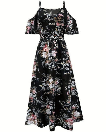 Elegant Floral Print V-Neck Maxi Dress with Tie-Waist and Ruffle Detail - Sleeveless, Flowy A-Line Skirt for Women, Perfect for Summer, Elegant Event Wear|Floral Print Dress|Polyester Fabric - SeviSa