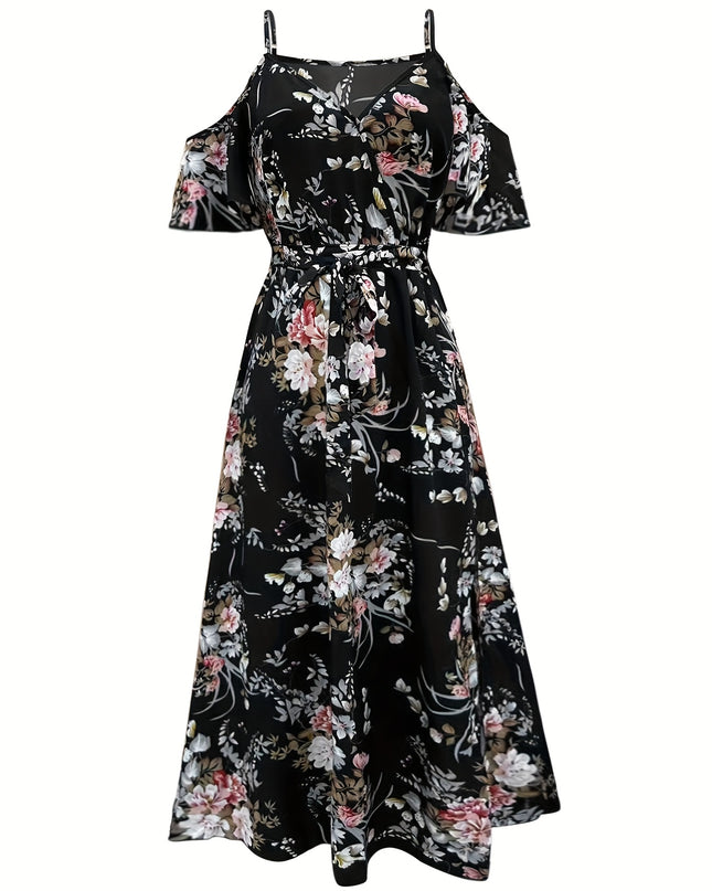 Elegant Floral Print V-Neck Maxi Dress with Tie-Waist and Ruffle Detail - Sleeveless, Flowy A-Line Skirt for Women, Perfect for Summer, Elegant Event Wear|Floral Print Dress|Polyester Fabric - SeviSa