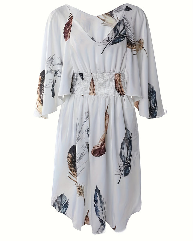 Women's Elegant V-Neck Batwing Sleeve Dress - White with Brown Botanical Print, A-Line Mid-Length Summer Dress, Fitted Top & Flowy Hem, Hand Wash Only, Casual Chic Wear, Natureinspired Print - SeviSa