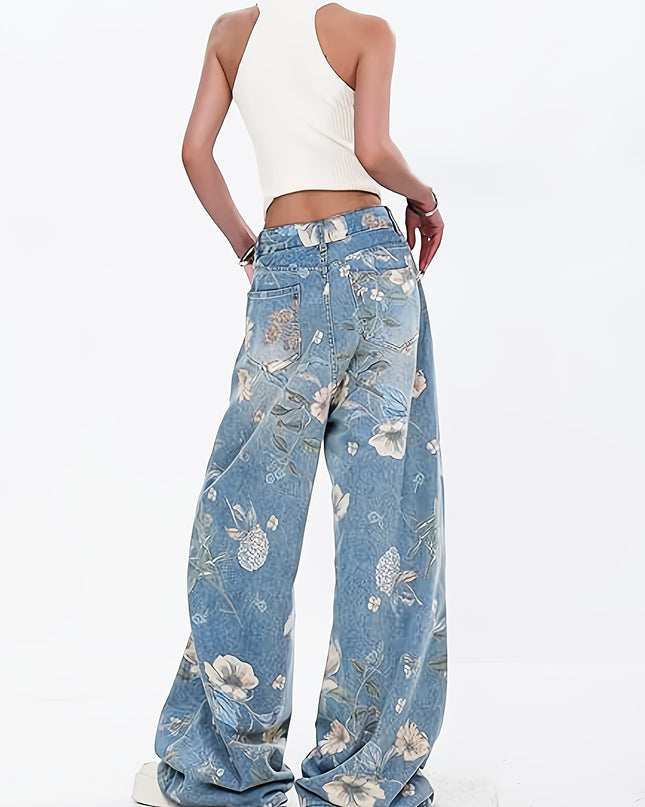 [Allseason Versatility] Women's High-Waisted Floral Print Loose-Fit Wide Leg Jeans - Light Blue Denim with Elastic Waistband, Street Style Fashion Pants for All Seasons - SeviSa