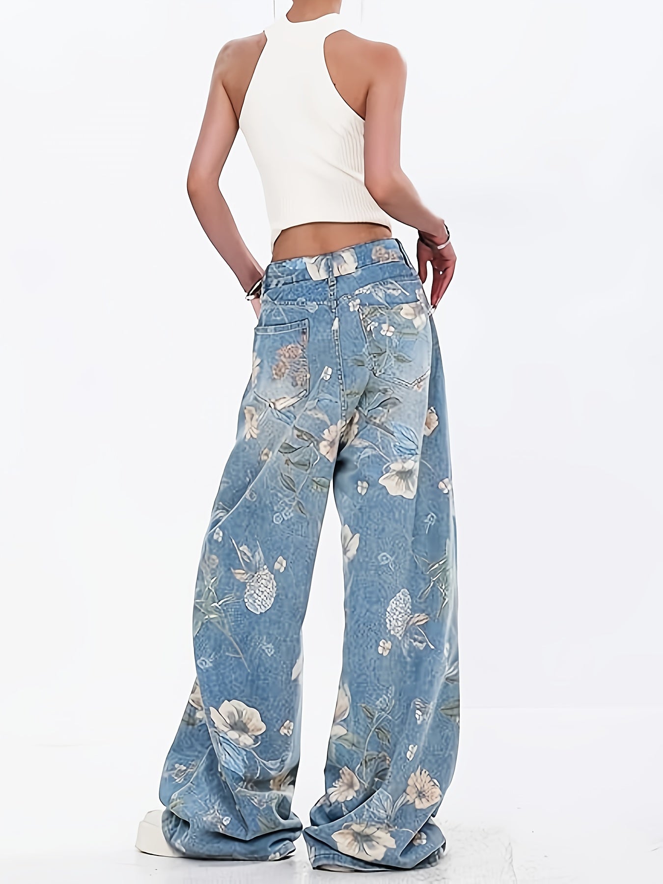 [Allseason Versatility] Women's High-Waisted Floral Print Loose-Fit Wide Leg Jeans - Light Blue Denim with Elastic Waistband, Street Style Fashion Pants for All Seasons - SeviSa