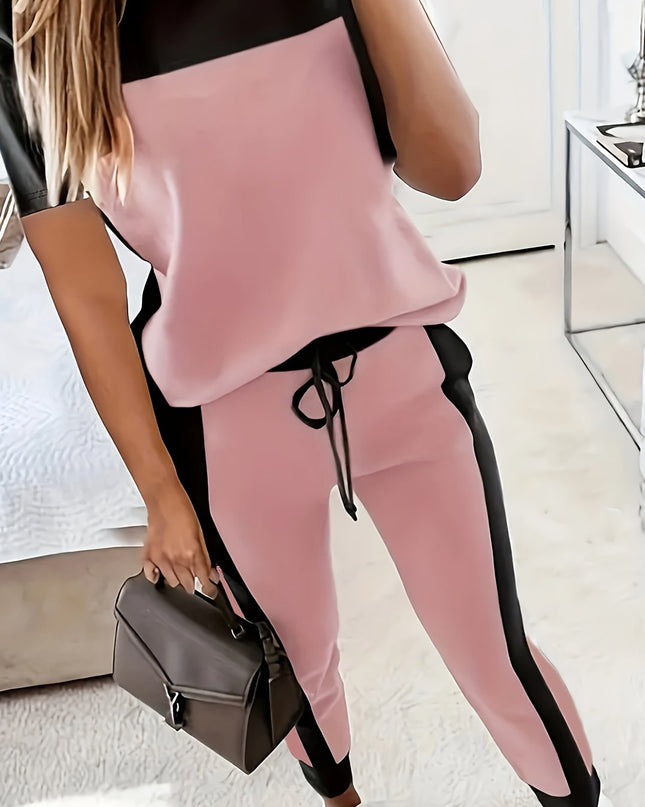 Casual Color Block Short Sleeve Round Neck T-Shirt and Long Pants Two-Piece Set