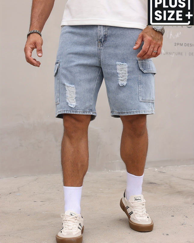 Men's Relaxed Fit Denim Cargo Shorts with Elastic Waistband & Side Pockets - Machine Washable Casual Workwear Style, Solid Color Loose Comfort for Casual Attire, Denim Shorts, Outdoor Activities, Utility Style, Sturdy Constru - SeviSa