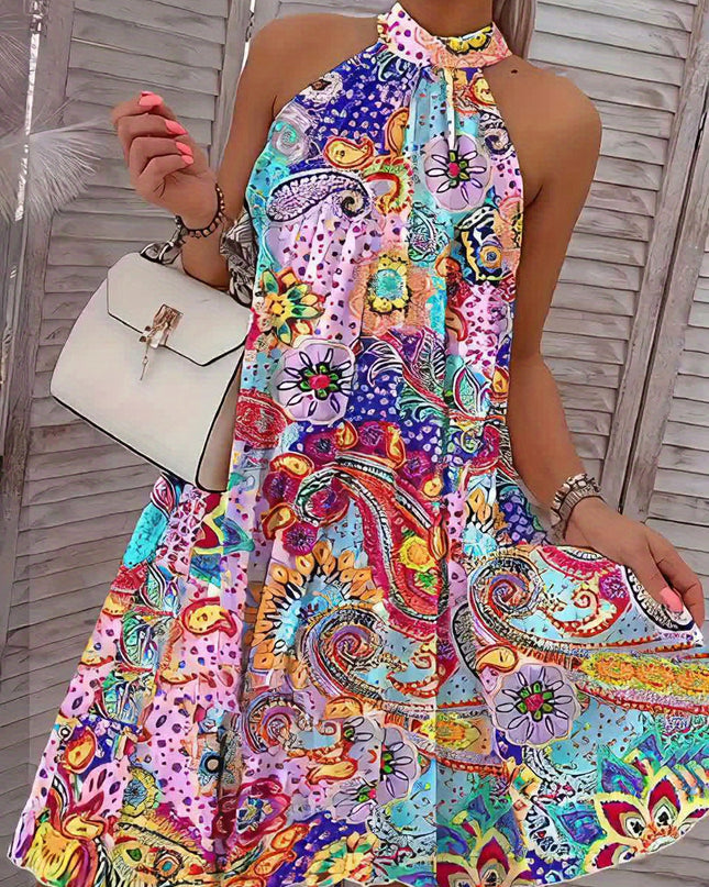 2024 European And American Summer New Geometric Pattern Printed Sleeveless Pleated Off-Shoulder Vacation Style Dress - SeviSa