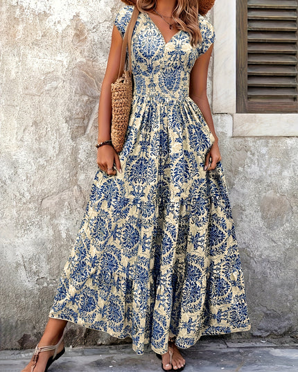 V-Neck Ruffled Hem Maxi Dress - Summer Beach Skirt with Floral Print, Cinched Waist & Flared Skirt, Lightweight Polyester for Adults, Beach Dresses - SeviSa