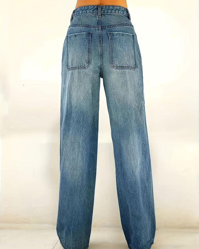 Women'S High-Waisted Stretch Straight-Leg Jeans - Light Blue Washed Denim with Pockets, Comfortable Casual Pants for Work & Travel, All-Season Versatile Style, High Waisted Jeans, Travel Clothing, Classic Straight Legs, Durab - SeviSa