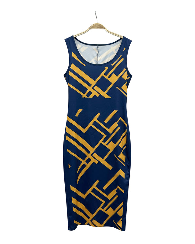 Women'S Geometric Print Zip-Up Jacket and Dress Set - Navy Blue and Yellow, Knit Polyester, Long Sleeve, Zipper Front, All-Season Wear, Stylish Office Attire, Office Attire|Geometric Print|Zippered Jacket