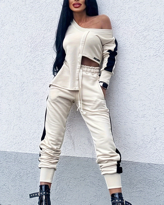 1set Elegant Women'S Polyester Knit Fabric Patchwork Outfit - One Shoulder V-Neck Long Sleeve Top with Irregular Design and Drawstring Pants with Pockets - All-Season Casual Wear