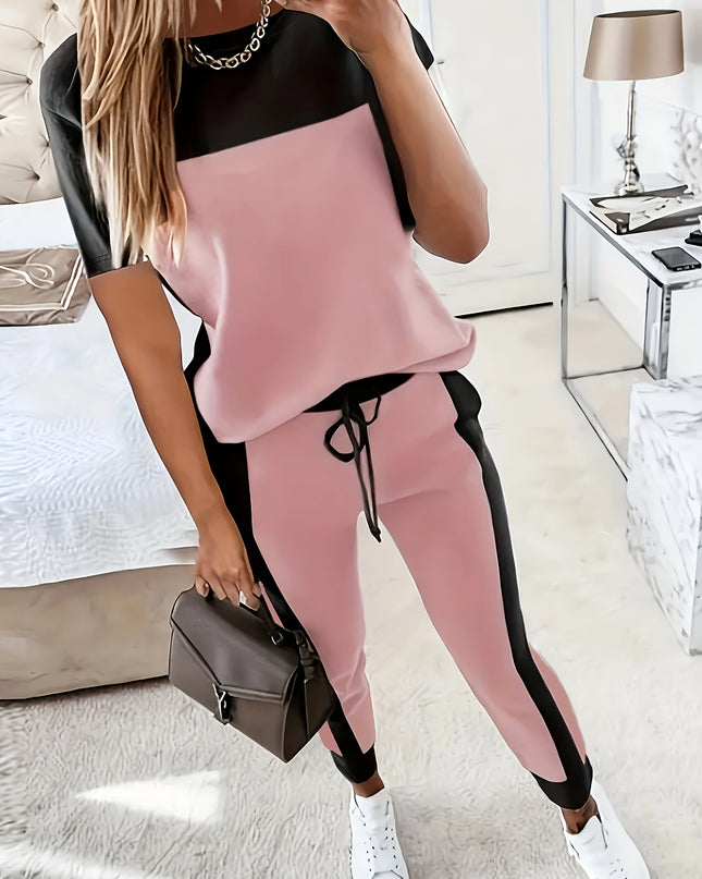 Casual Color Block Short Sleeve Round Neck T-Shirt and Long Pants Two-Piece Set