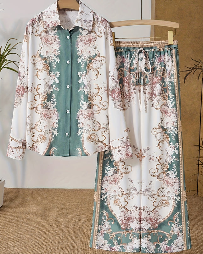 Women'S Tropical Print Long Sleeve Loose Shirt and Elastic Waist Pants Set - Vacation Style, Button Detail, Spring/Fall Fashion, Casual Attire|Tropical Print Top|Button Detail Pants