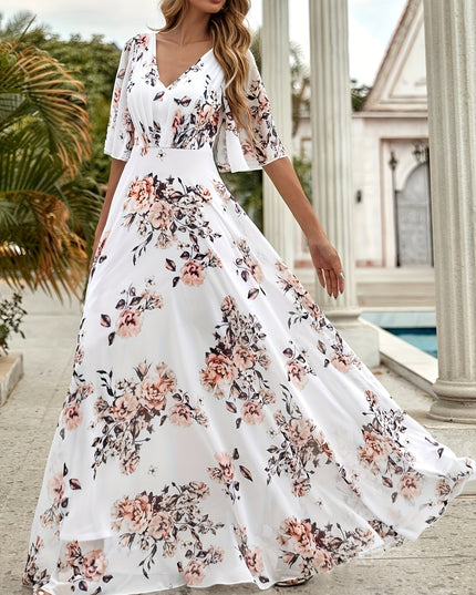 Women's Elegant V-Neck Floral Print Dress with Ruffled Short Sleeves - A-Line Long Maxi Dress, Machine Washable, Zipper Back, All-Season Versatile for Casual & Formal Occasions, Cute Dresses, Flowy Fabric Gown, Lightweight Ma - SeviSa