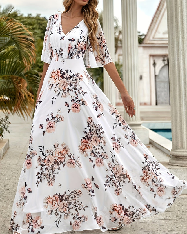Women's Elegant V-Neck Floral Print Dress with Ruffled Short Sleeves - A-Line Long Maxi Dress, Machine Washable, Zipper Back, All-Season Versatile for Casual & Formal Occasions, Cute Dresses, Flowy Fabric Gown, Lightweight Ma - SeviSa