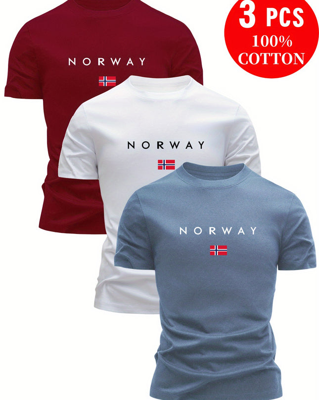 3pcs Men'S 100% Cotton Slim Fit T-Shirts - Breathable Sweat Absorbent Summer Casual Tees with "NORWAY" Graphic Print, Round Neck Short Sleeve for Outdoor & Casual Attire, Comfortable Clothing, Simple Solid Color Design, Breat - SeviSa
