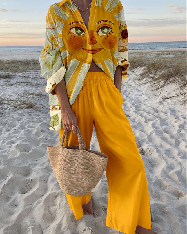 Women'S Beach Vacation Cartoon Sun Print Long Sleeve Shirt + Pants Set, Perfect for Outdoor