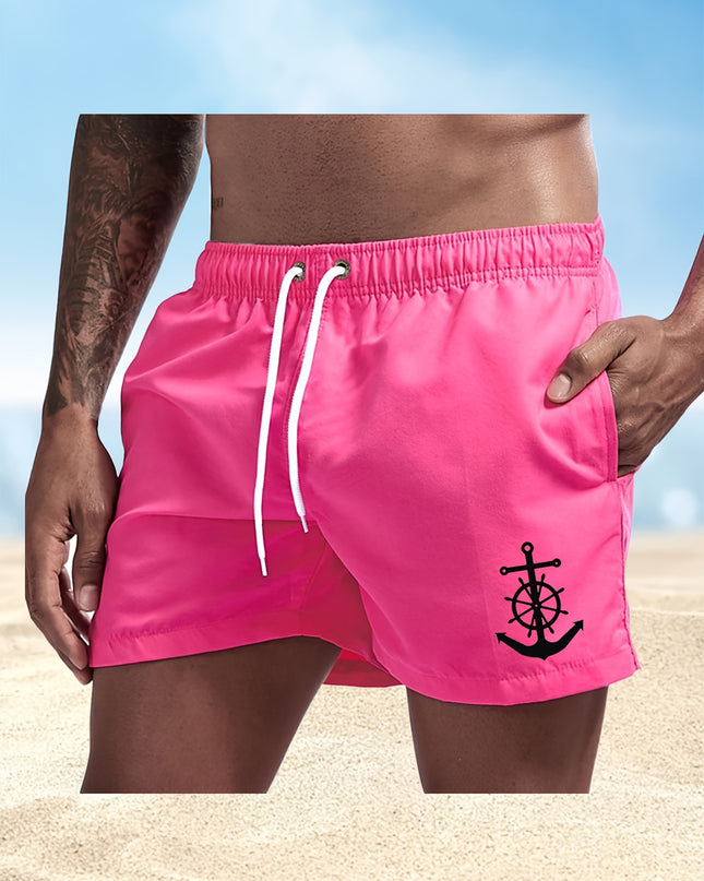 Men's Quick-Dry Swim Shorts - Navy Blue Board Shorts with Anchor design, Elastic Drawstring Waist - Lightweight Beach Swim Trunks for Surfing, Swimming, Gym, Vacation - Fast-Drying Quick Suit for Ocean & Pool Activities, Swim - SeviSa