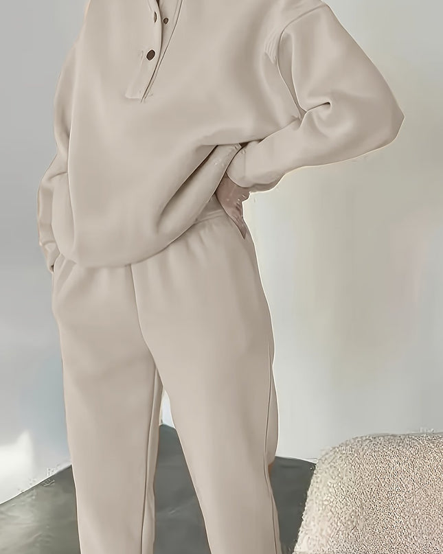 BK0710081 Women'S Casual Fashion Half Open Button Hoodie Sweater Two-Piece Set. Autumn and Winter Warmth, Leisure