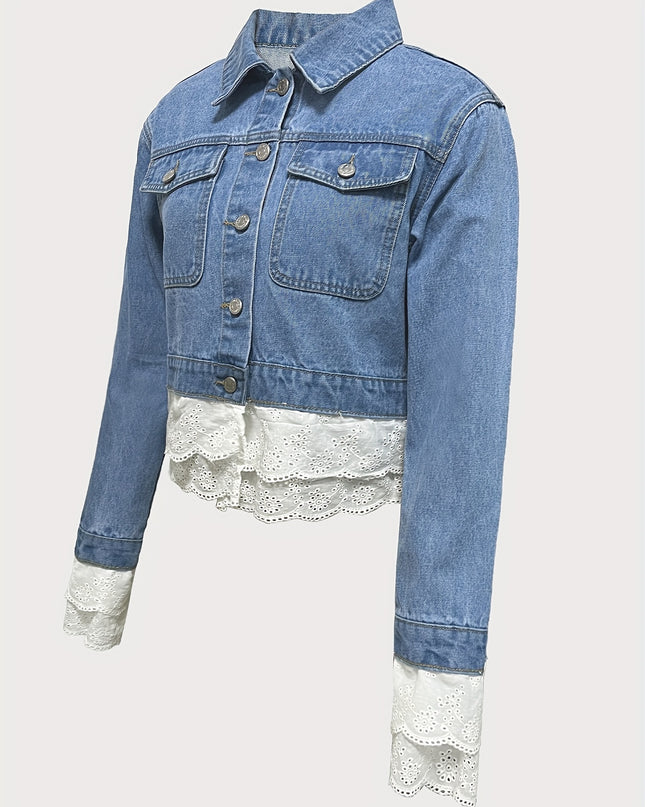 Women's Elegant Light Blue Denim Jacket with Contrast Lace Trim, Flap Pockets, and Button-Up Front - Stylish Long Sleeve Outerwear for Spring/Fall, Spring Outerwear | Buttonup Jacket | Polyester Denim - SeviSa
