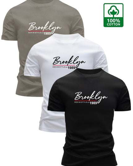 Set of 3 Men'S 100% Cotton T-Shirts, Lightweight for Summer, Breathable And Moisture-Wicking, Featuring a Round Neck And Print Design, Sweat-Resistant - SeviSa